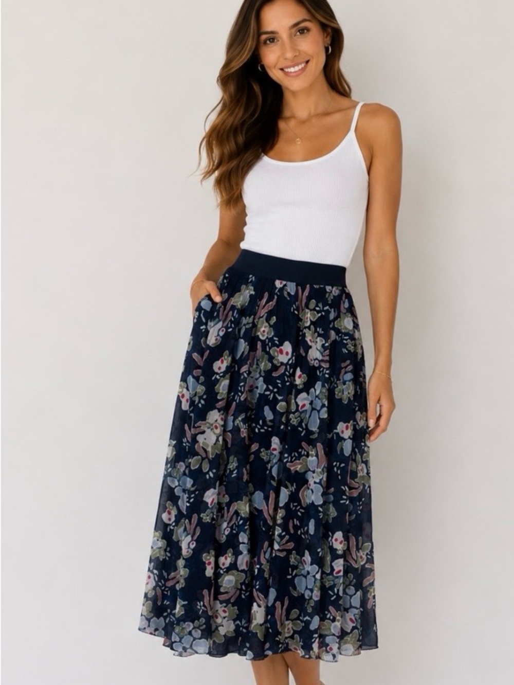 Designer Wilfred Floral Navy Midi Skirt with Elastic Waist